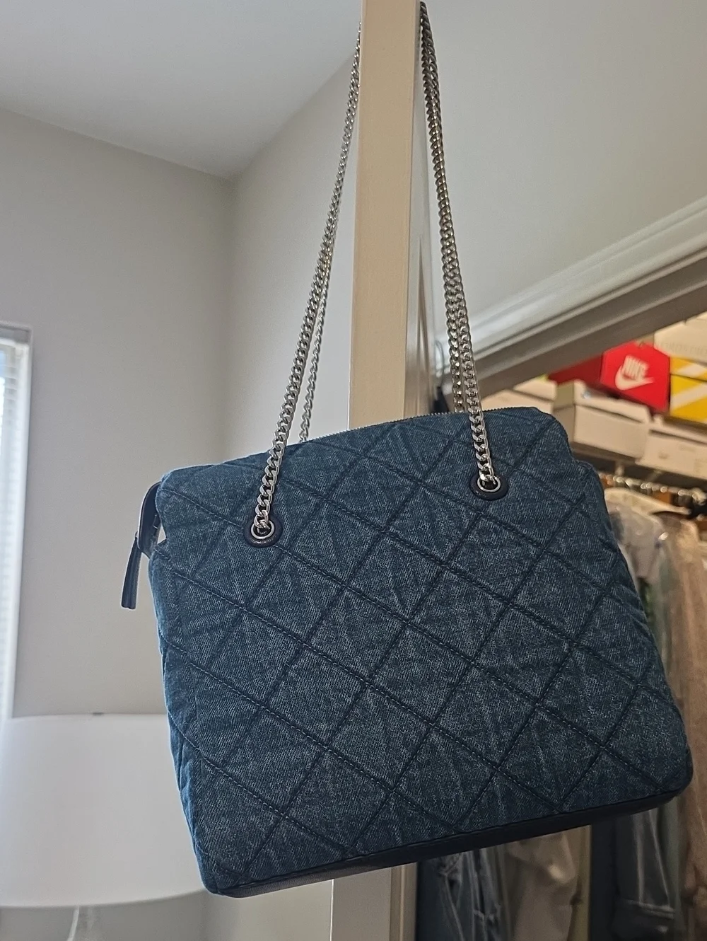 Tory Burch Quilted Denim Shoulder Bag with Silver Chain Straps